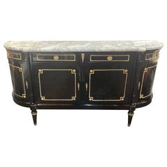 Vintage French Louis XVI Style Piano Black Sideboard with a Marble Top