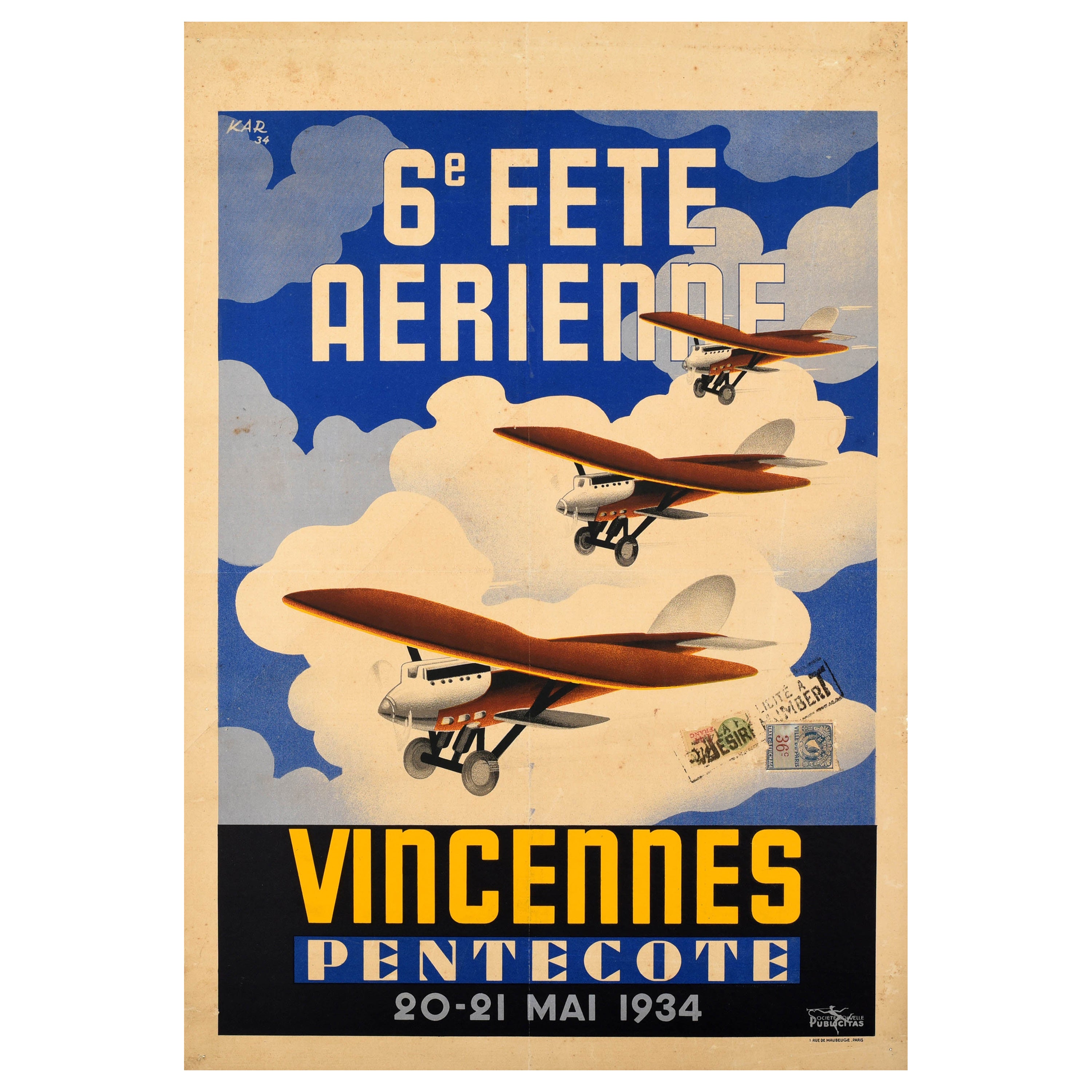 Affiche vintage originale d'aviation, Fete Aerienne, Festival d'aviation, Vincennes, Planes d'art
