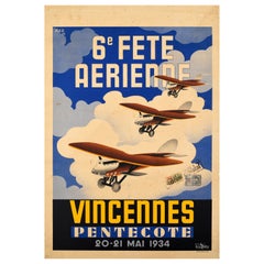 Original Vintage Aviation Poster Fete Aerienne Air Festival Vincennes Planes Art