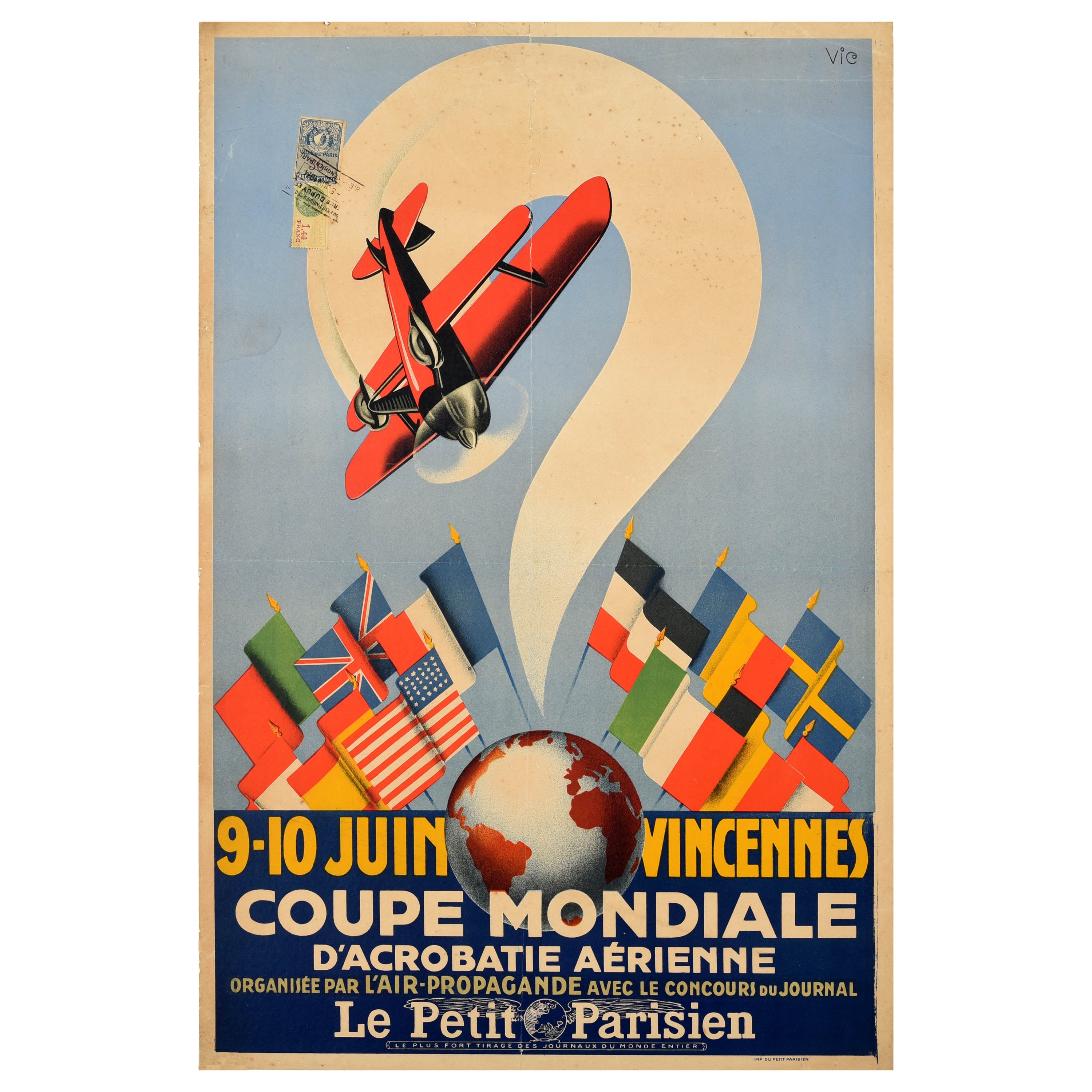 Affiche vintage originale d'aviation acrobatique de la Coupe du monde de Vincennes, Paris Art