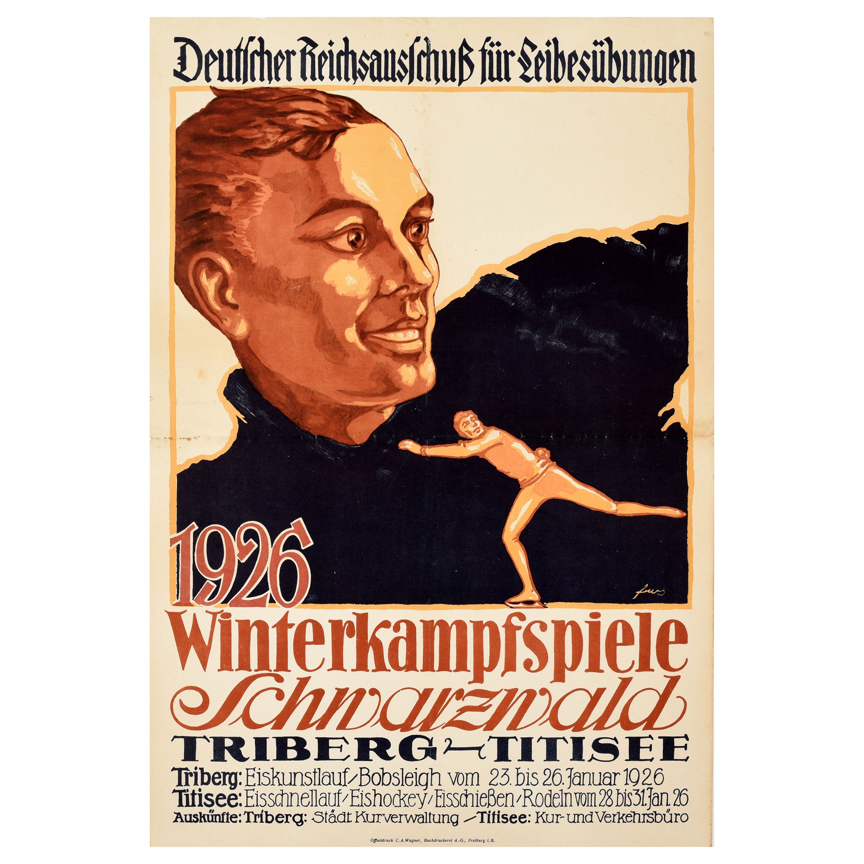 Affiche de sport vintage originale des Jeux d'hiver de 1926 dans la Forêt-Noire du Schwarzwald, Allemagne en vente