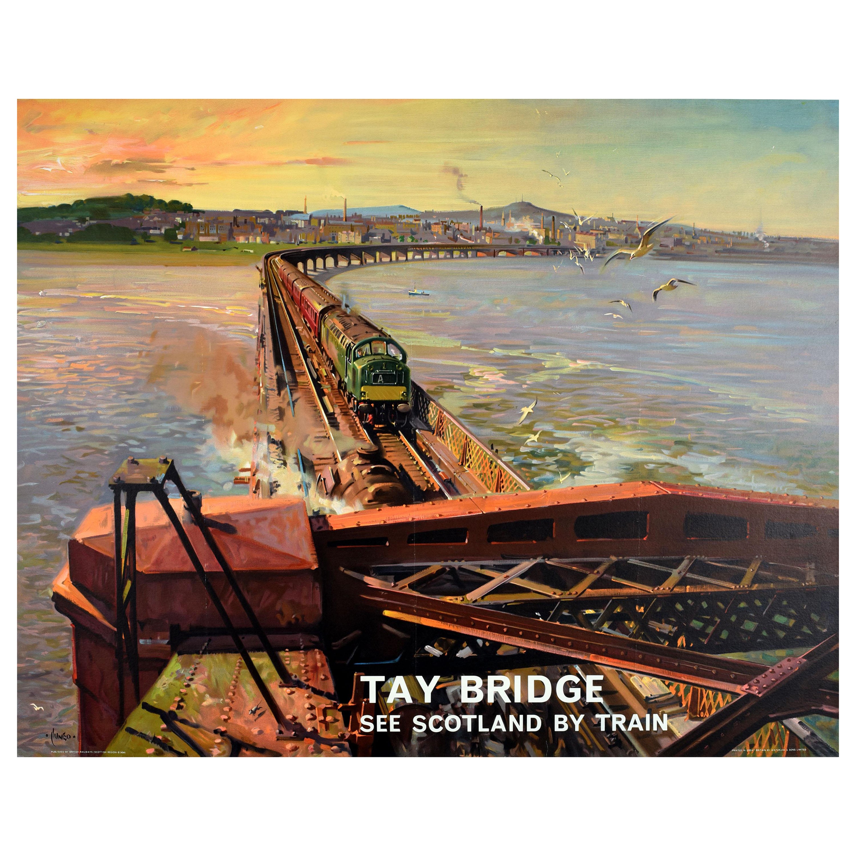 Original Vintage Railway Poster Tay Bridge See Scotland By Train Scenic Painting For Sale