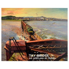 Original Retro Railway Poster Tay Bridge See Scotland By Train Scenic Painting