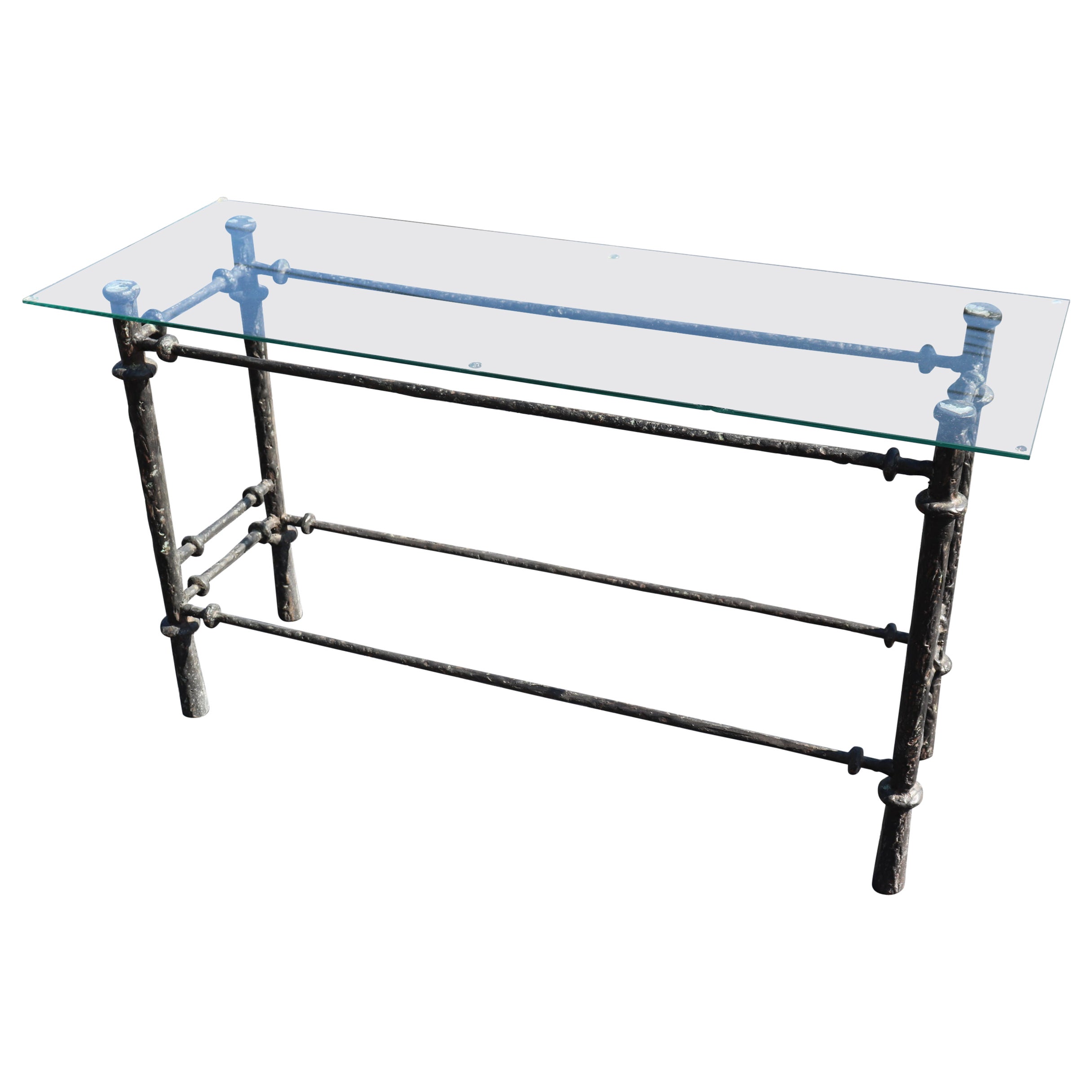 Hand-Wrought Iron Giacometti Style Console Table with Glass Top