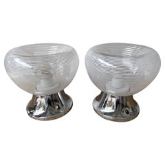 Pair of Stripe Murano Glass and Metal Chrome Lamps by VeArt, Italy, 1970s