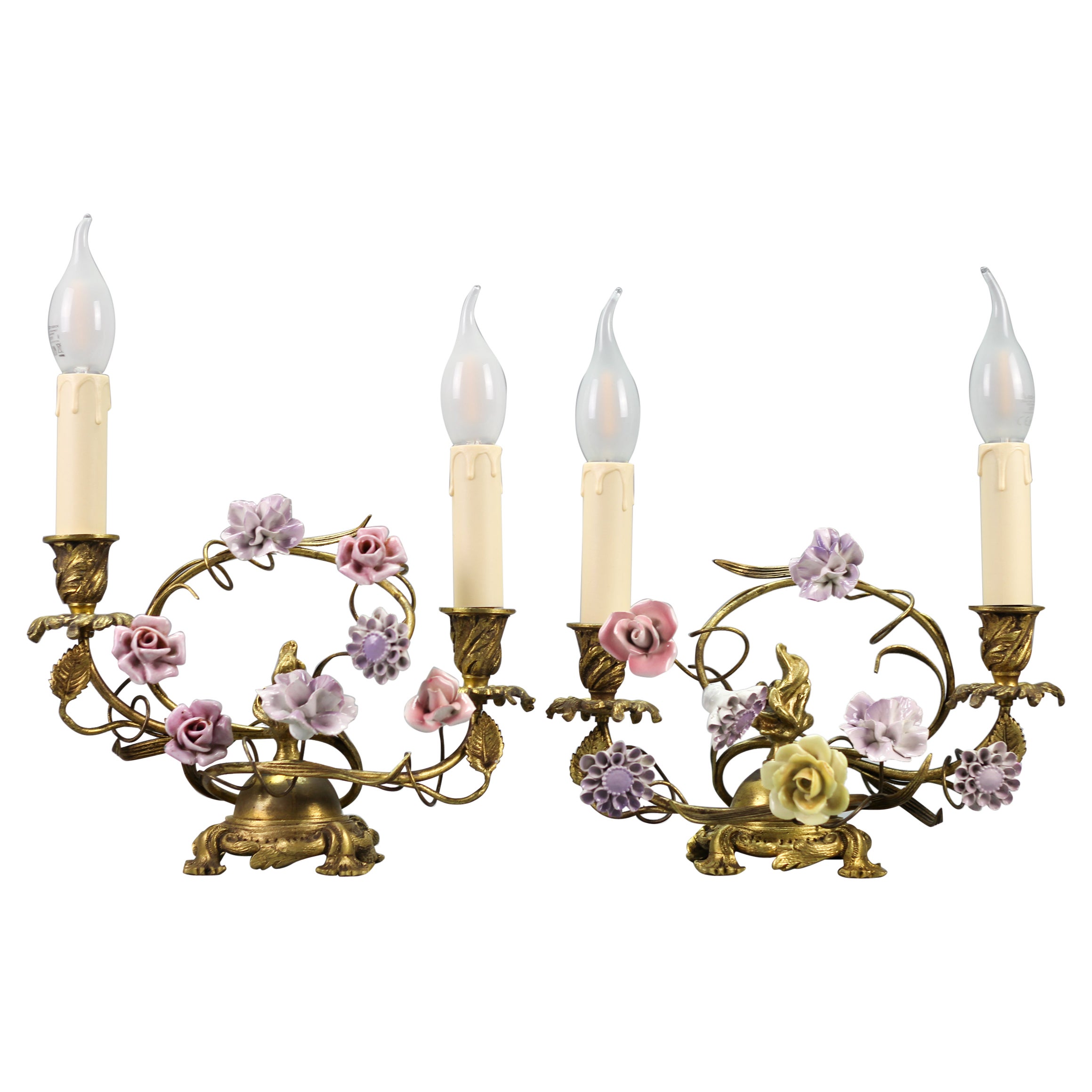 Pair of French Rococo Style Gilt Bronze and Porcelain Flower Table Lamps