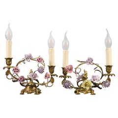 Retro Pair of French Rococo Style Gilt Bronze and Porcelain Flower Table Lamps