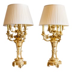 Very Fine Pair of Large 19th C French Louis XVI Gilt Bronze Candlabrum Lamps