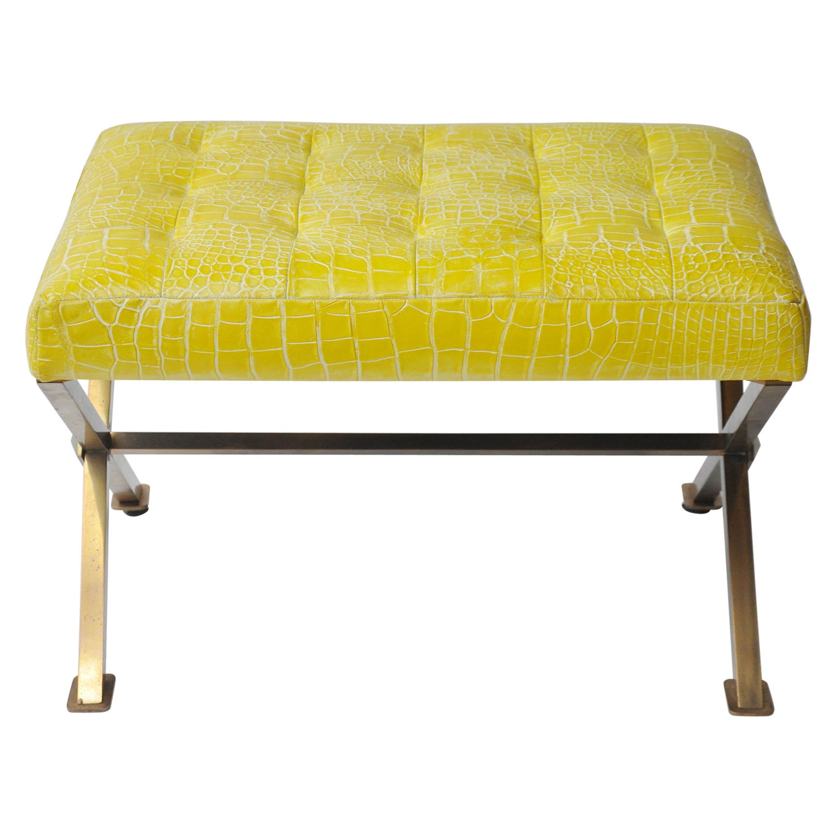 Midcentury Brass X-Frame Bench with Yellow Alligator Button Tufted Top