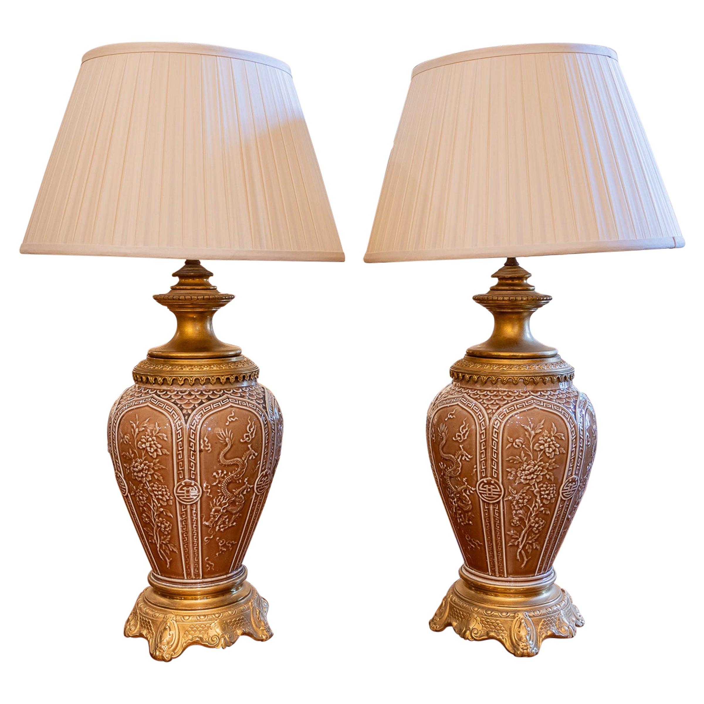 Fine Pair of 19th C French Chinoiserie Porcelain Urn Lamps with Gilt Bronze For Sale