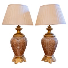 Antique Fine Pair of 19th C French Chinoiserie Porcelain Urn Lamps with Gilt Bronze