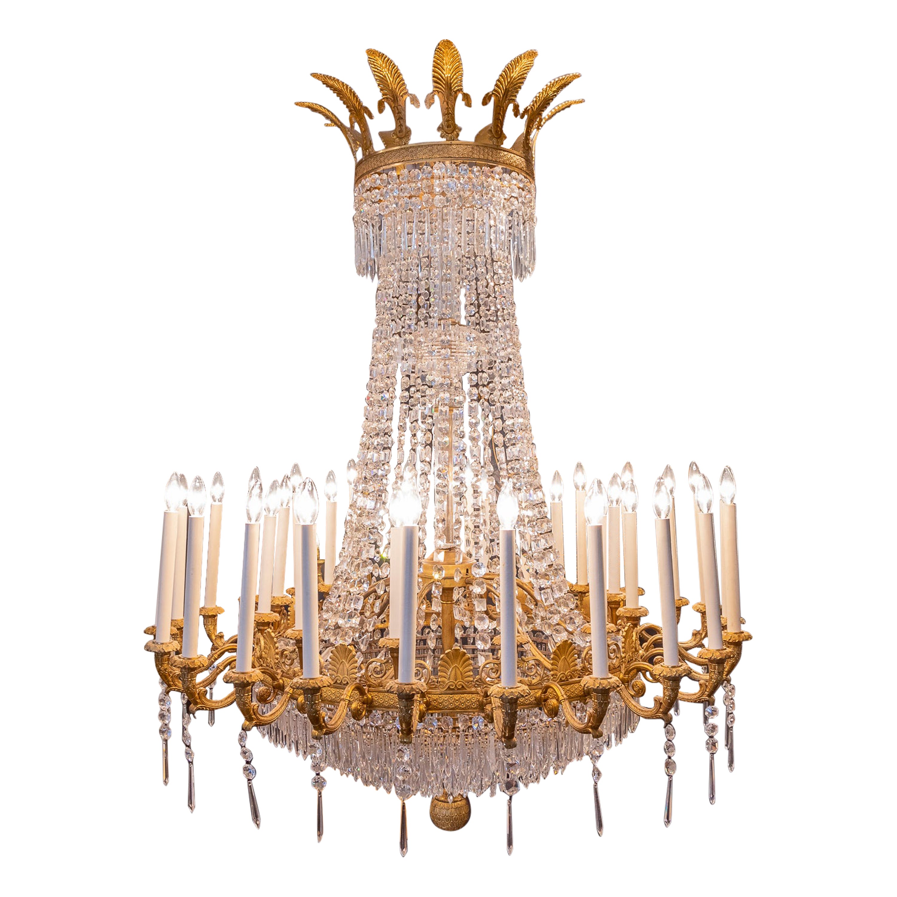 Importantissimo lampadario impero in cristallo tagliato e bronzo dorato del XIX secolo