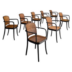 Italian Antique Set of Eight Black Laquared Original Thonet Chairs, 1920s