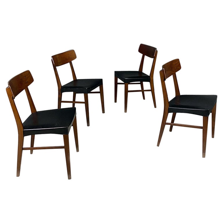 Italian Mid Century Set of Four Black Faux Leather and Solid Wood