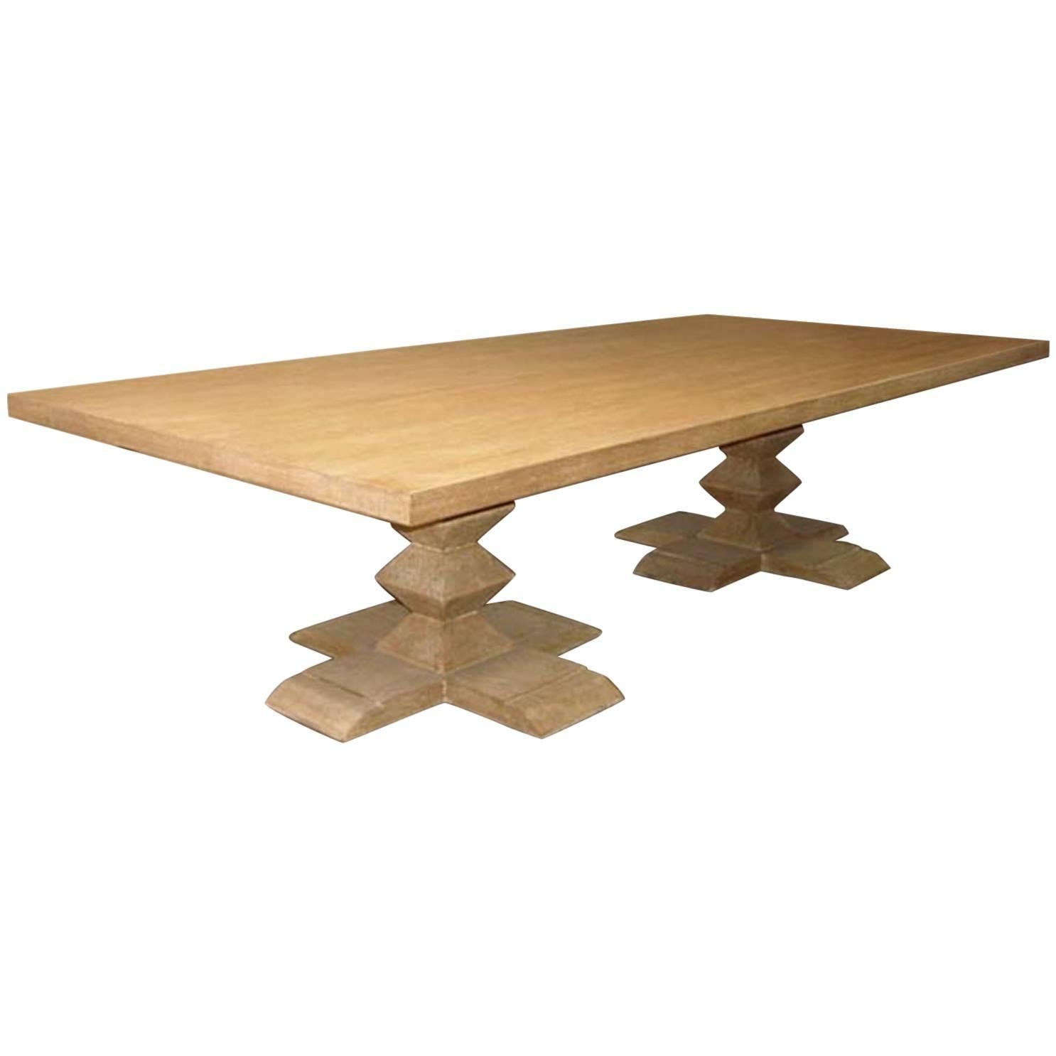 Custom Table With Two Pyramid Pedestals in Cerused Oak by Dos Gallos Studio For Sale
