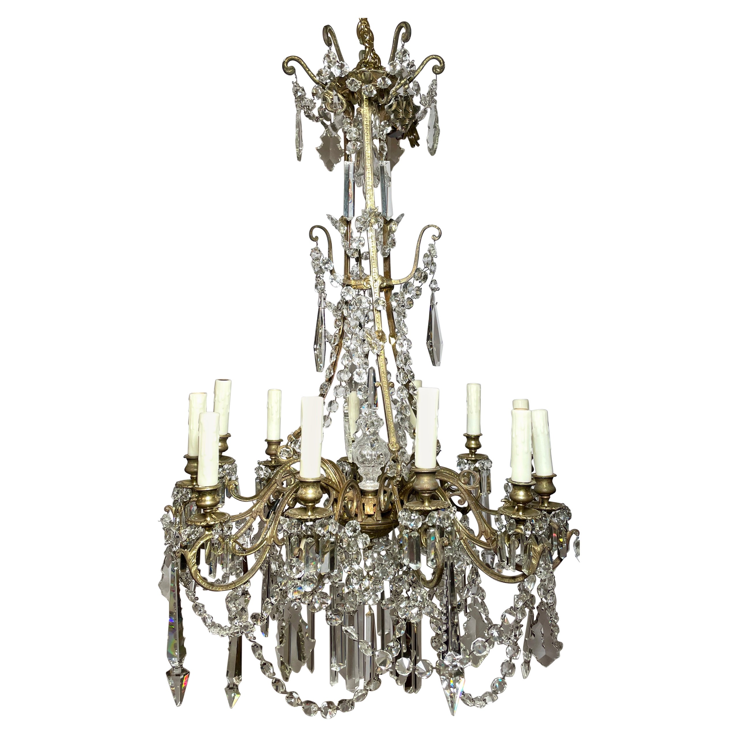 Antique French Napoleon III Crystal & Gold Bronze 12-Light Chandelier, Ca. 1890 For Sale