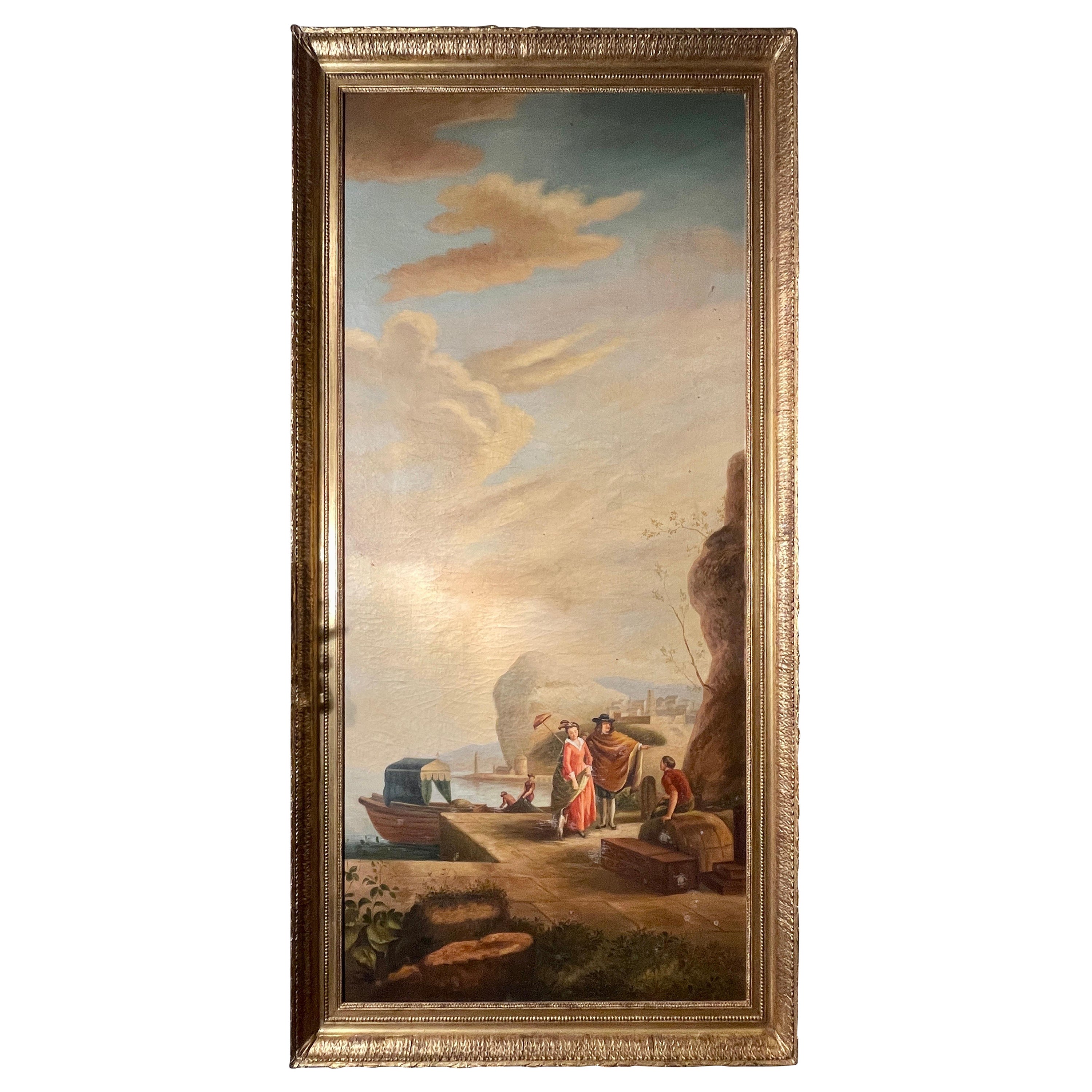 Grande peinture française ancienne à l'huile sur toile du 19ème siècle