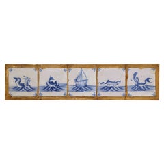 18th Century French Framed Plaque with 5 Blue and White Painted Delft Tiles 