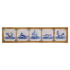 18th Century French Framed Plaque with 5 Blue and White Painted Delft Tiles