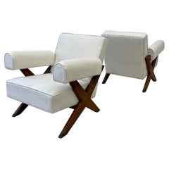 Used Pair of Pierre Jeanneret X-Leg Upholstered Lounge Chairs, Mid-Century Modern