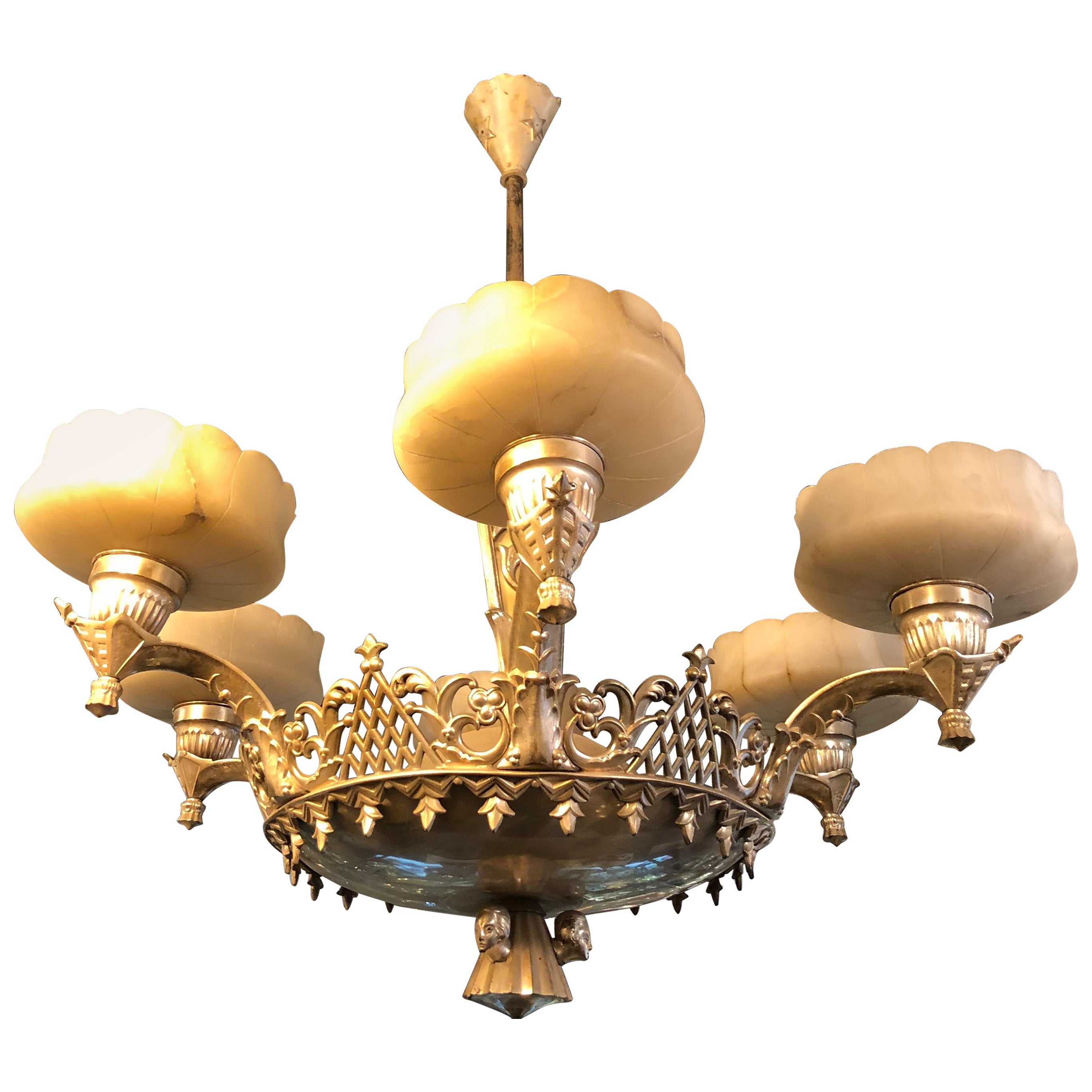 Chandelier Viennese Secession, 1900, Silver Plated Bronze and Alabaster For Sale