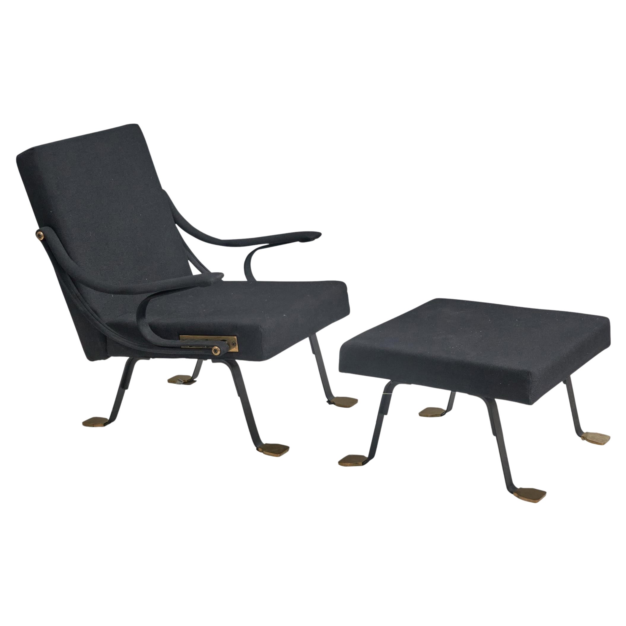 Ignazio Gardella, Silla de salón y otomana, latón, tela, Gavina, Italia, 1957