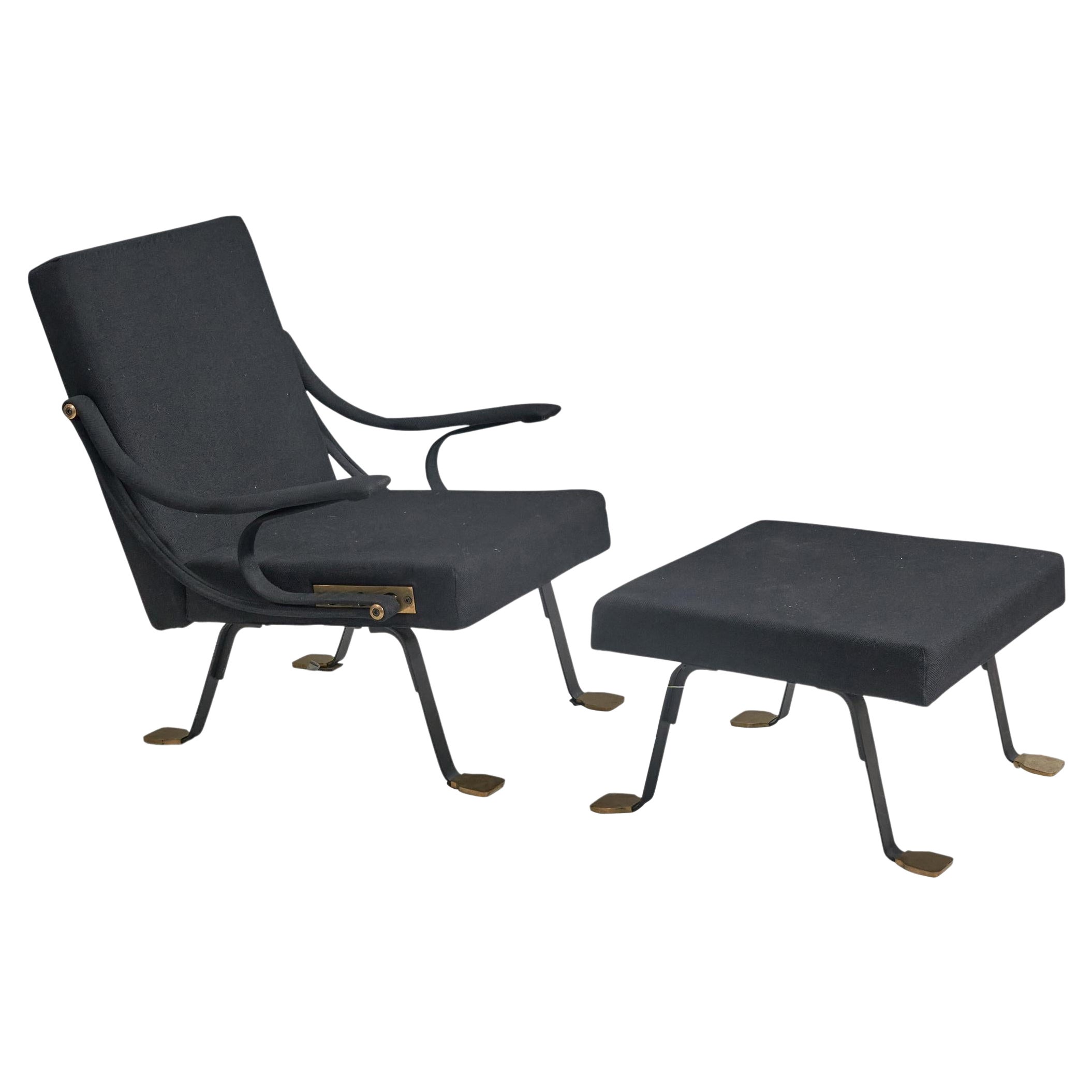 Fauteuil de salon et repose-pieds Ignazio Gardella, laiton, tissu, Gavina, Italie, 1957