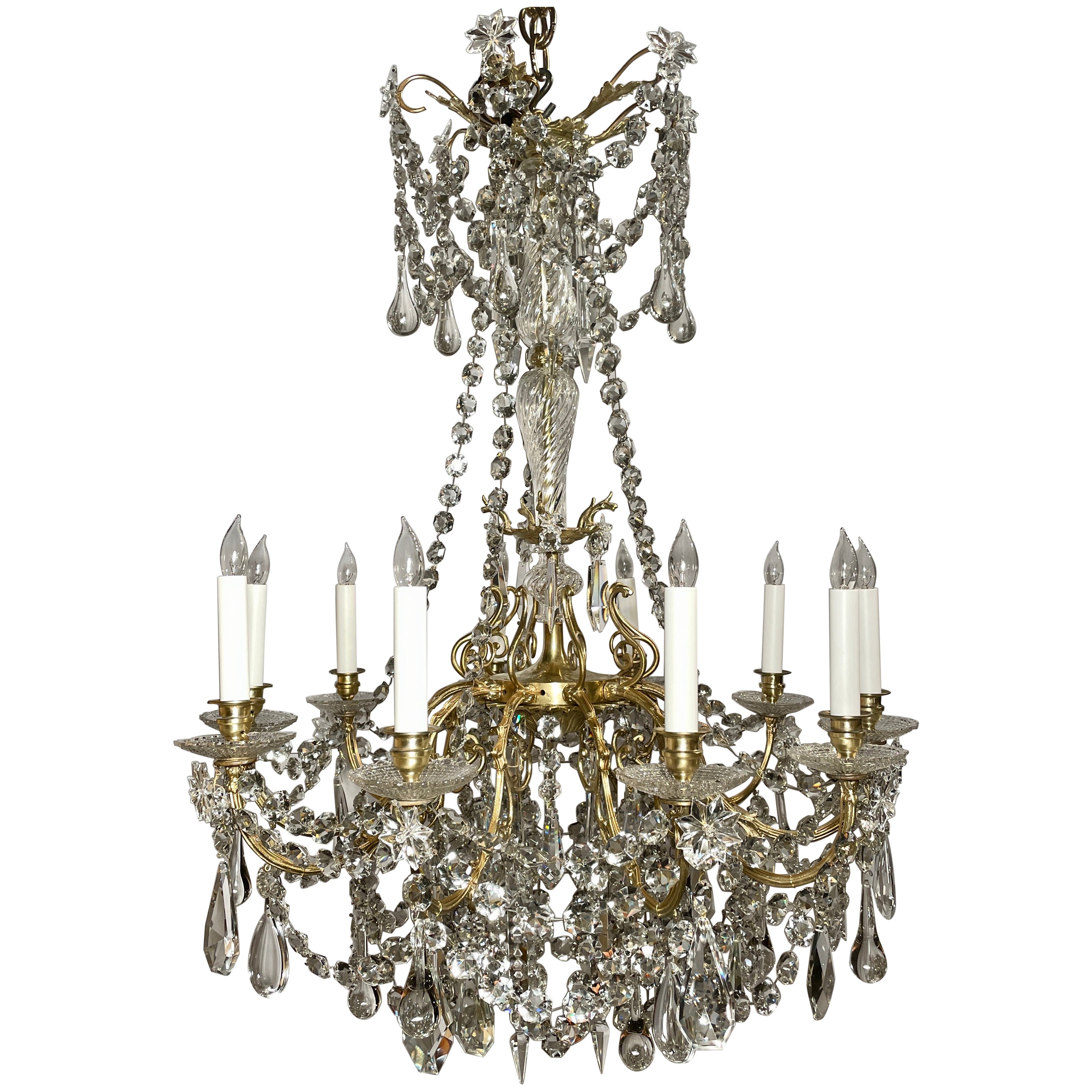 Antique 19th Century Cut Crystal & Gold Bronze 10-Light Chandelier, circa 1890 For Sale