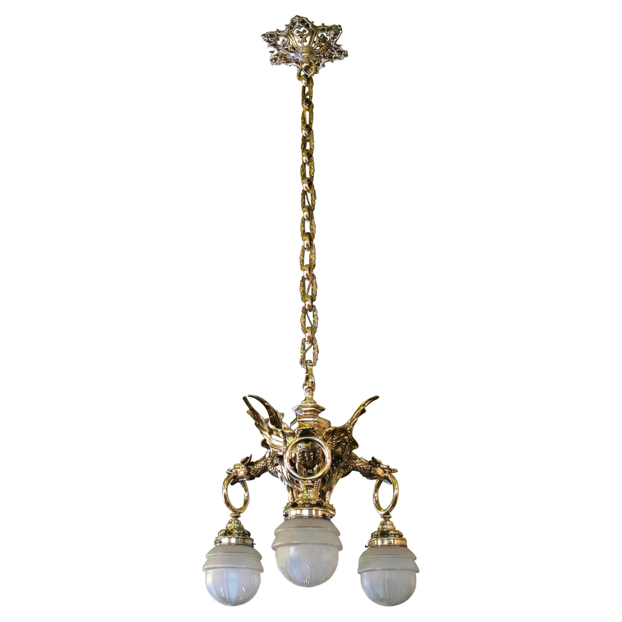 Chandelier Dragons, Viennese Secession, 1900, Silver Plated Bronze For Sale