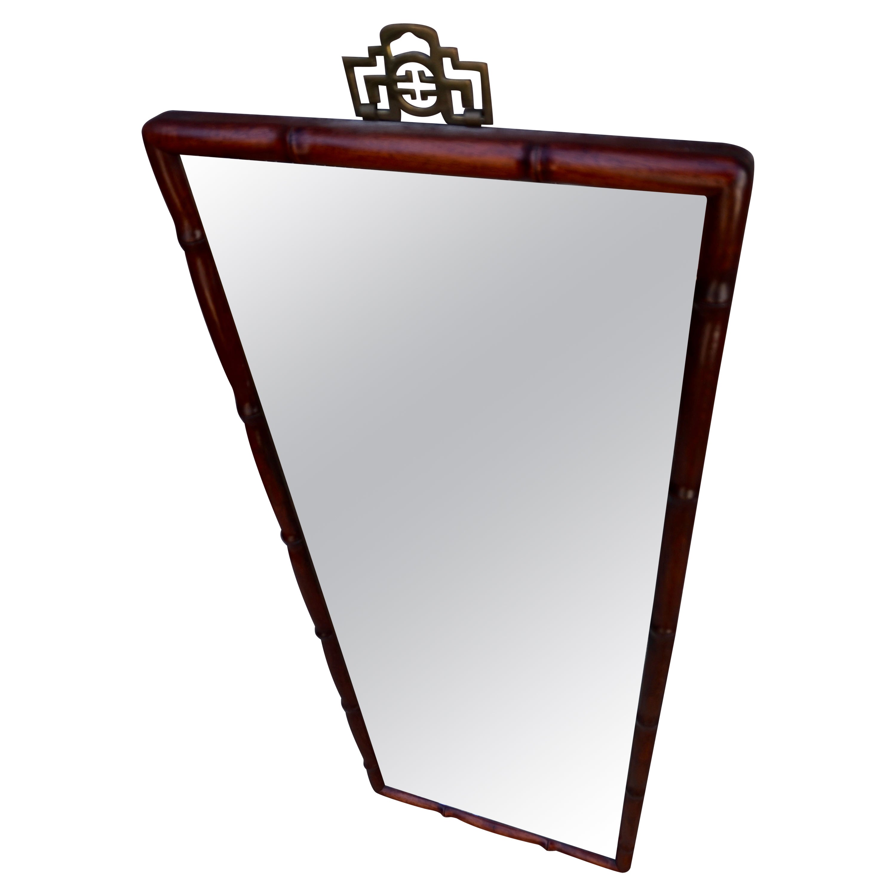 Solid Rosewood Asian Wall Mirror Carved In Bamboo Motif With Brass Hardware