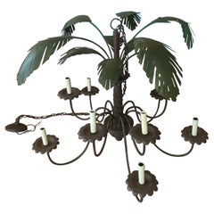 Vintage Tole Metal Palm Tree Tropical Leaf Leaves 10 Light Chandelier