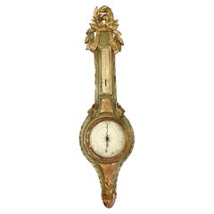 French Louis XV Style Gilded and Painted Wood Wall Barometer