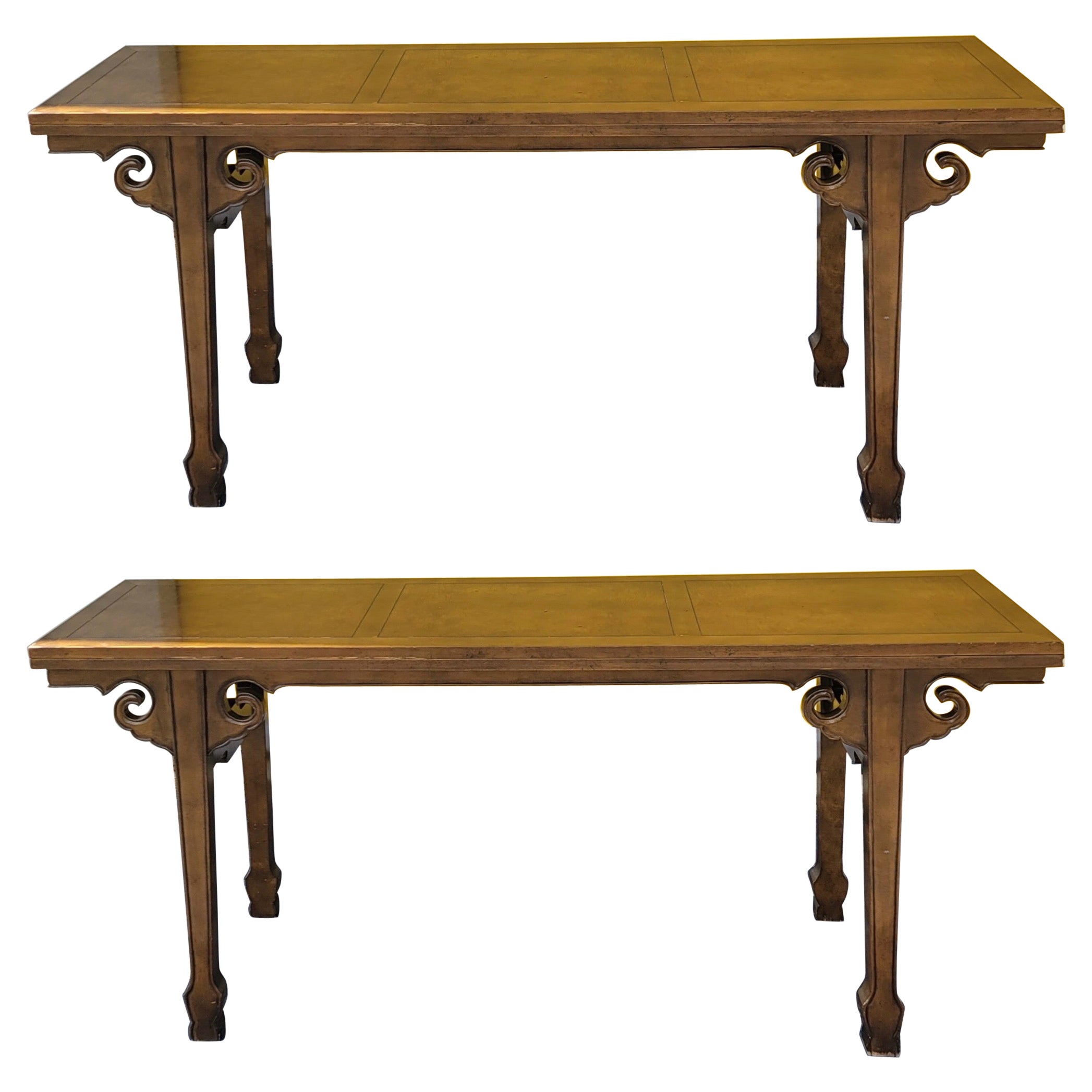 1970s Ming Style Carved Walnut Draw Leaf Alter / Console Tables by Drexel, Pair
