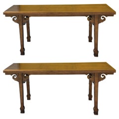 1970s Ming Style Carved Walnut Draw Leaf Alter / Console Tables by Drexel, Pair