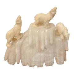 Italian Art Deco Carved Marble & Alabaster Polar Bear Motif Lamp 