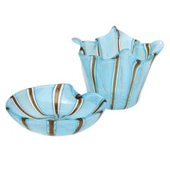 Murano Blue Copper Aventurine Ribbons Italian Art Glass Fazzoletto Vase Bowl Set