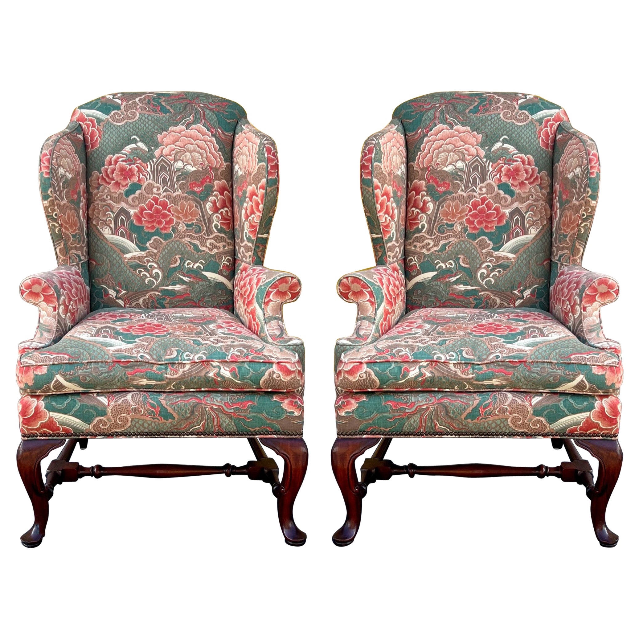 Baker Furniture Chinese Chippendale Style Mahogany Wingback Chairs, Pair
