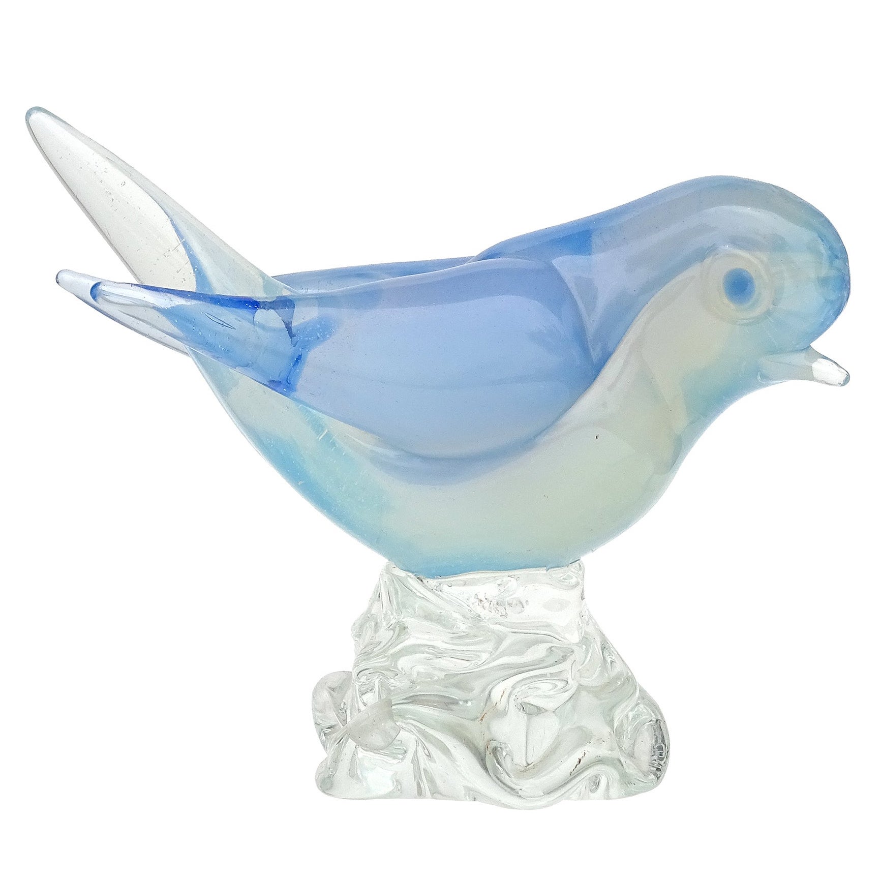 Figurine d'oiseau en verre d'art italien Seguso Vetri d'Arte Murano vintage opale blanche et bleue
