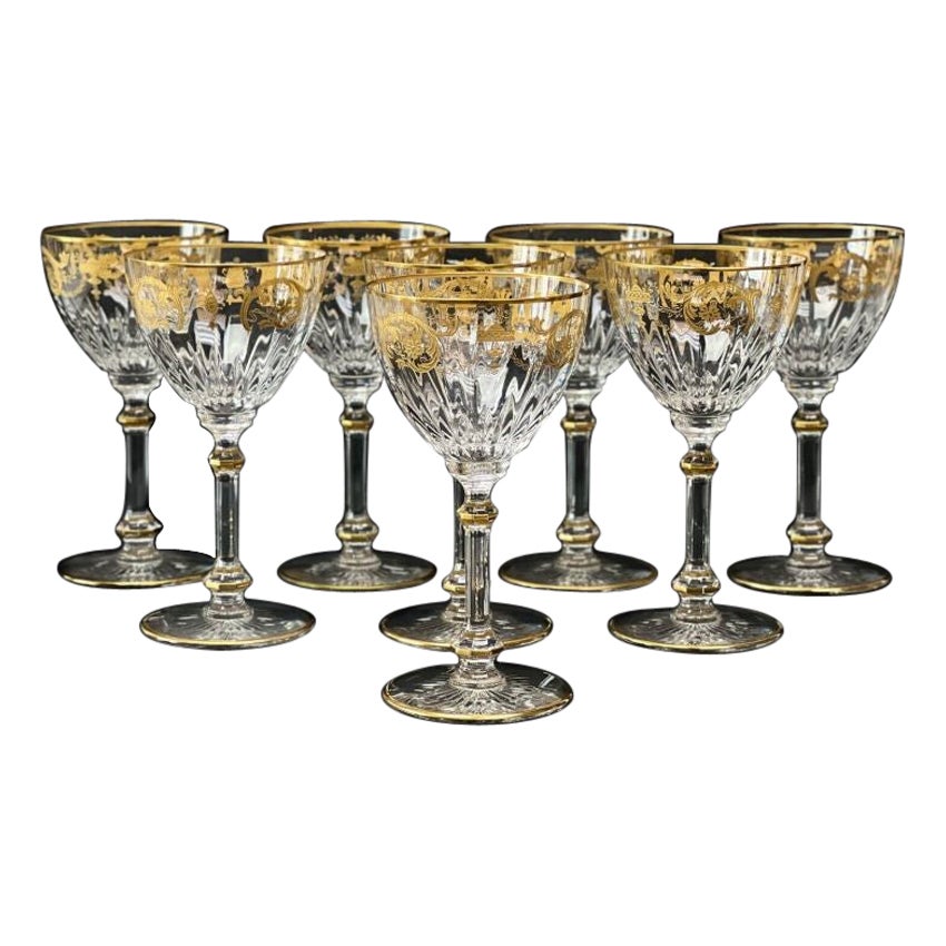 Set of 8 Baccarat France Crystal Glass Wine Glasses in Imperator Gilt Scrolls