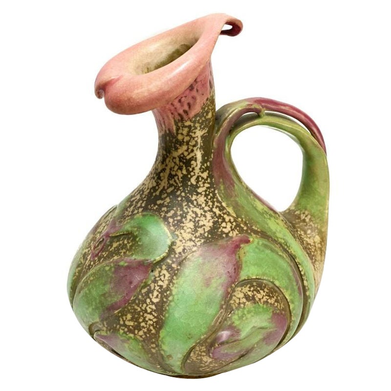 Amohora Austria Pottery Pink and Green Calla Lily Pitcher, circa 1900