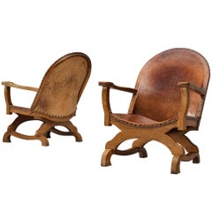 Spanish Armchairs in Cognac Leather and Oak
