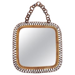 Square and Undulating Wicker and Bamboo Wall Mirror, Italy, 1950s