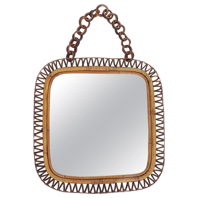 Square and Undulating Wicker and Bamboo Wall Mirror, Italy, 1950s For