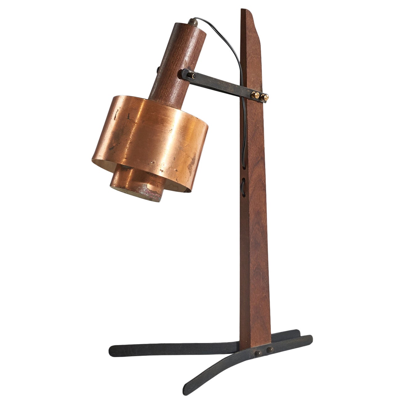 Italian Designer, Adjustable Table Lamp, Teak, Metal, Copper, Italy, 1950s For Sale
