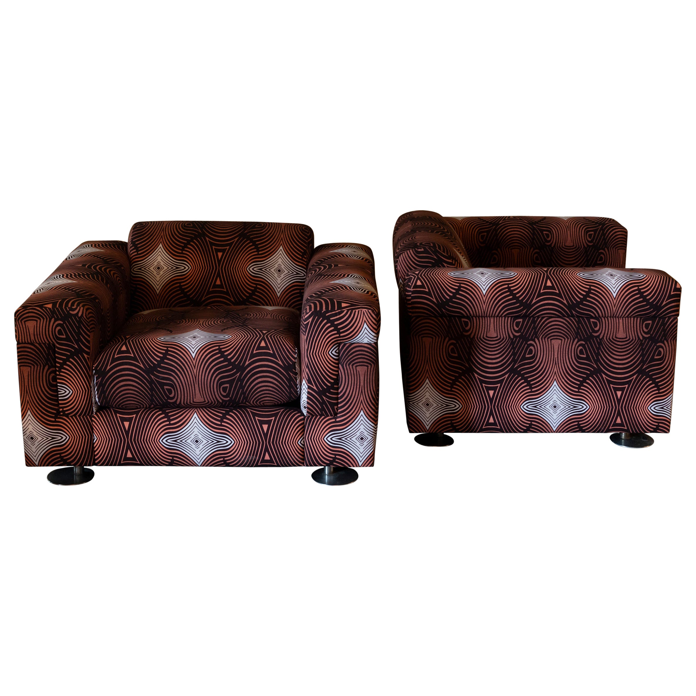 Pair of Tecno Armchairs Upholstered in Orange/Black Jacquard Fabric, Italy, 1966 For Sale