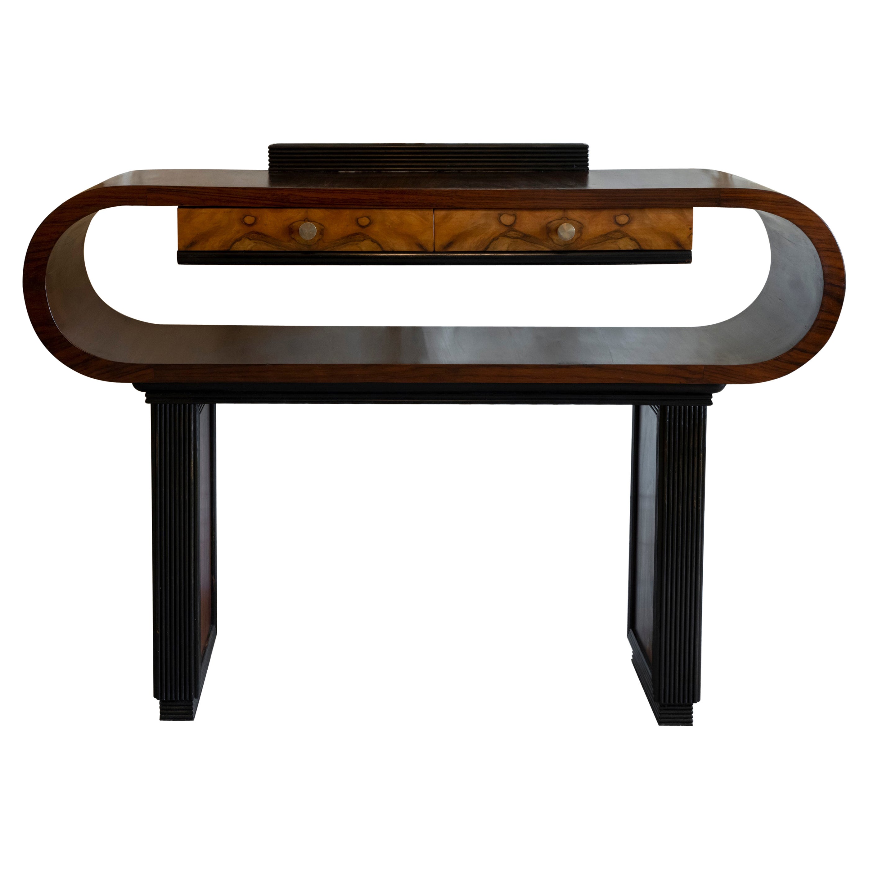 1930s Italian Deco Console Table with Drawers Palisander, Mahogany and Walnut For Sale