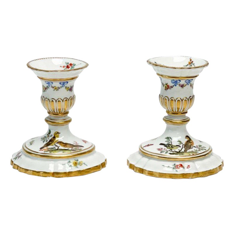 Pair of Meissen Marcolini Period Germany Ornithological Porcelain Candlesticks For Sale