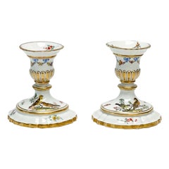 Pair of Meissen Marcolini Period Germany Ornithological Porcelain Candlesticks