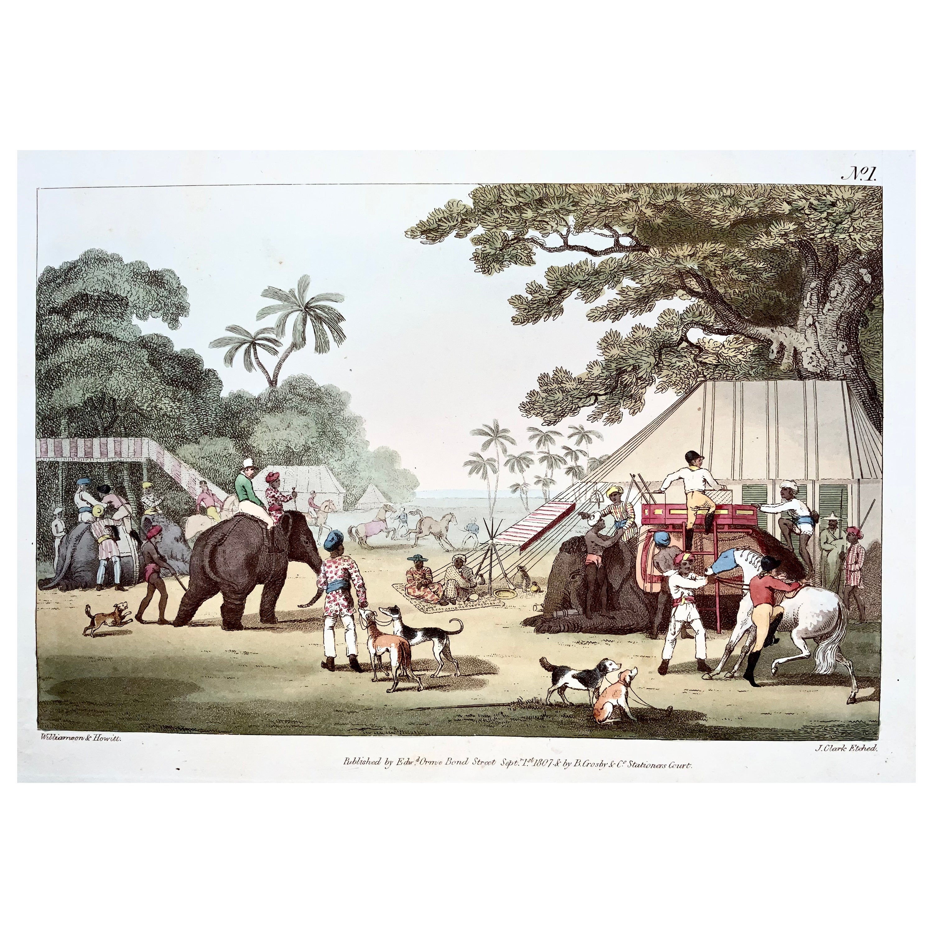 1807 Th. Williamson, Préparations pour une chasse au tigre, aquatinte colorée à la main en vente