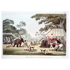 Antique 1807 Th. Williamson, Preparations for a Tiger Hunt, hand coloured aquatint